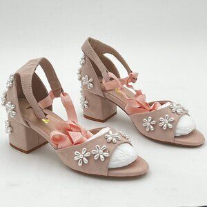 FSJ Pink Dressy Chunky Heel Open Toe Pearls Lace Up Sandals Party Wedding Shoes